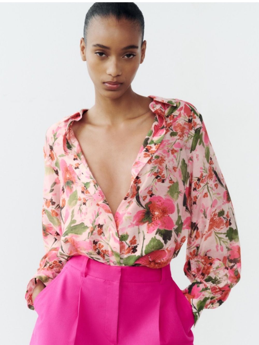 Zara Floral Print Button Front Blouse Pink Multicolor Size L NWT 9878/130